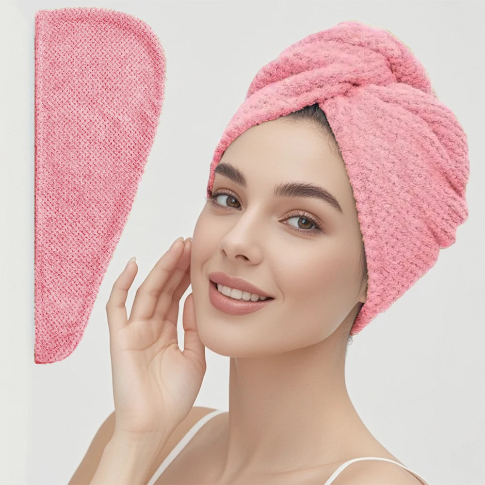 Solid color hair towel Textured dry hair cap 9.8 "X 25.5" absorbent hair towel wrap for button-down women | Color:Pink-up