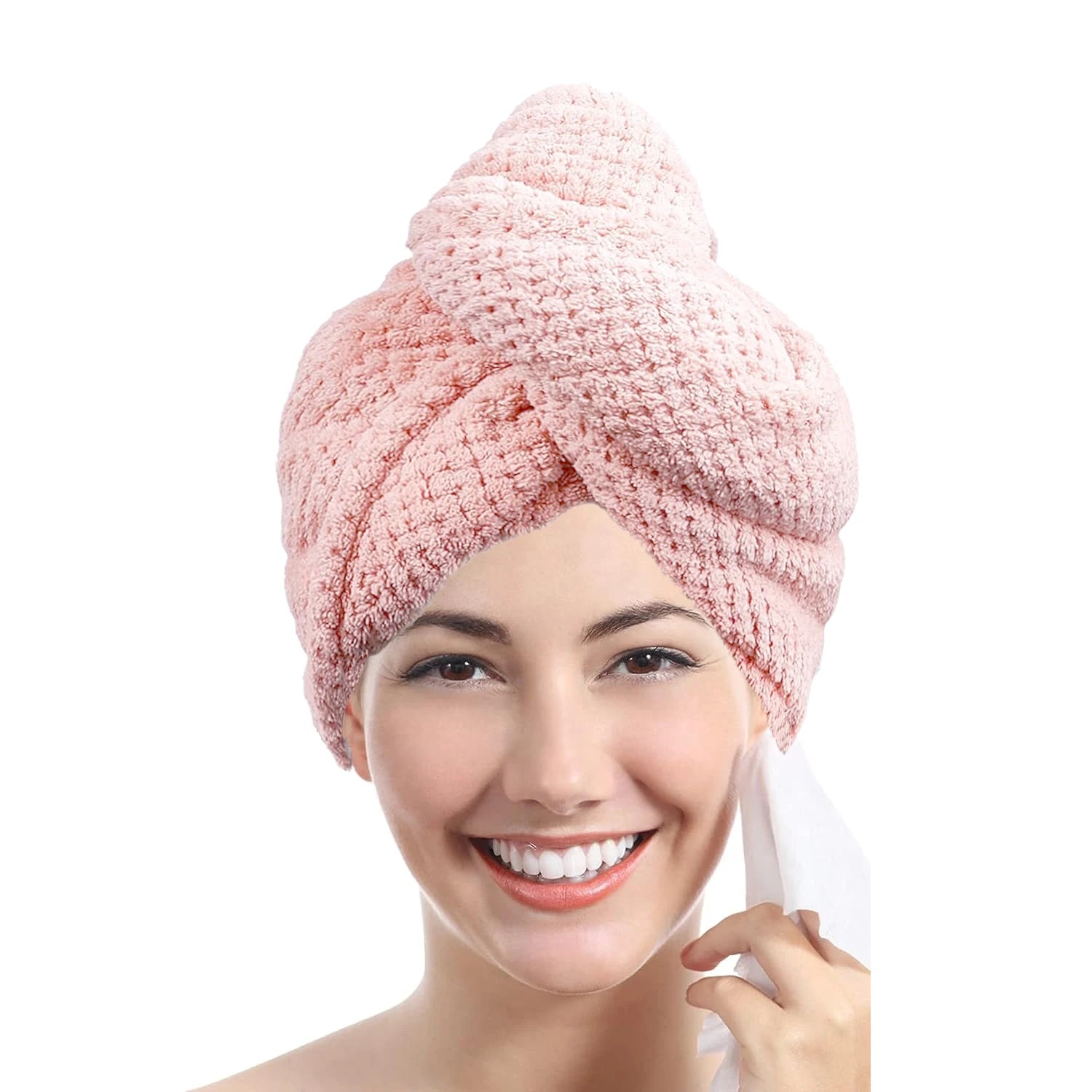 Solid color hair towel Textured dry hair cap 9.8 "X 25.5" absorbent hair towel wrap for button-down women | Color:light pink