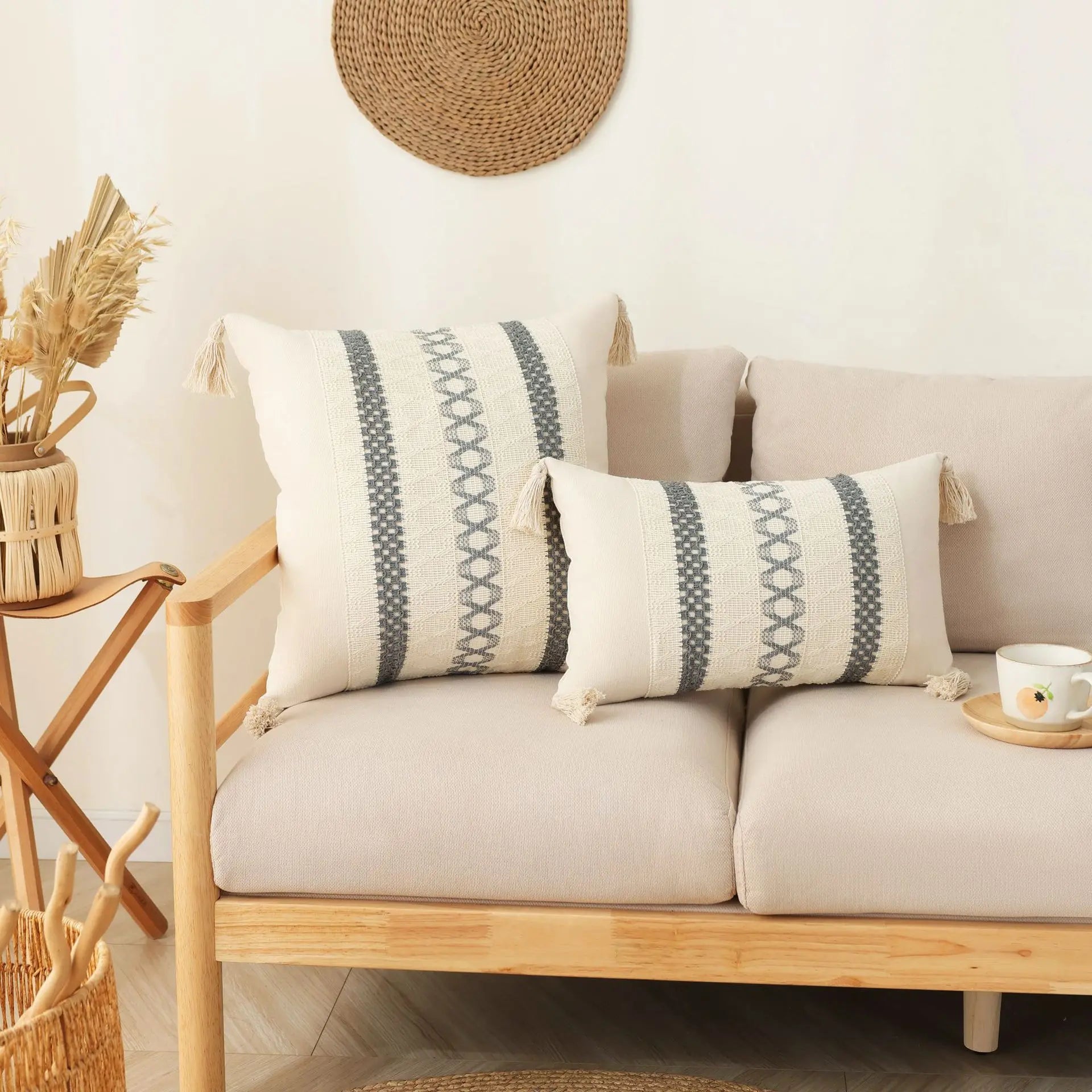 2 Piece Boho Cotton and Linen Tassel Cushion Cover Geometric Woven Crochet Pillowcases Fringed Handmade Home Decor 55x55/60x60cm | Color:F-Cushion cover