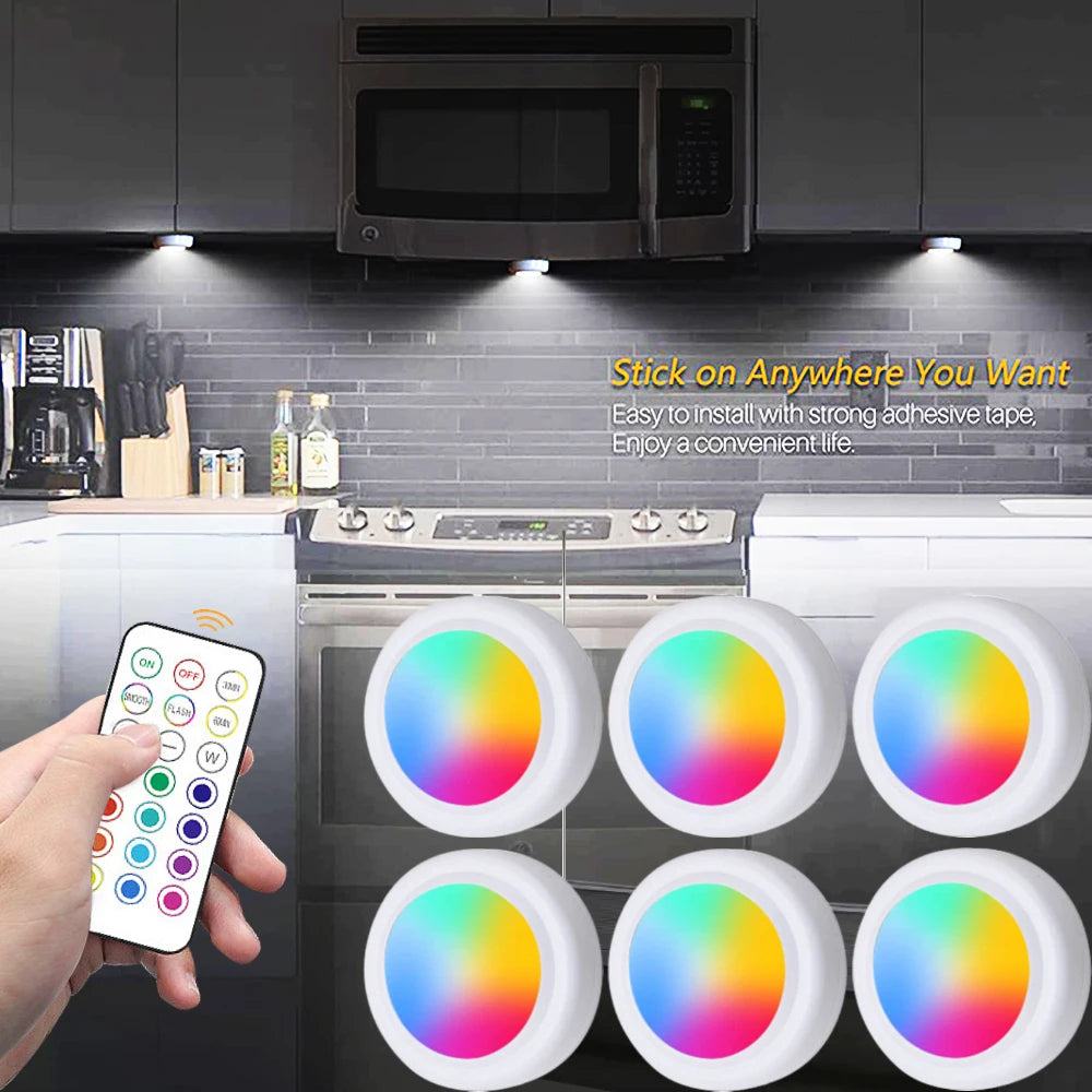 RGB LED Under Cabinet Lights with Remote Control Battery Powered Wireless Dimmable Night Lamp LED Lights for Home Wardrobe Light | 0