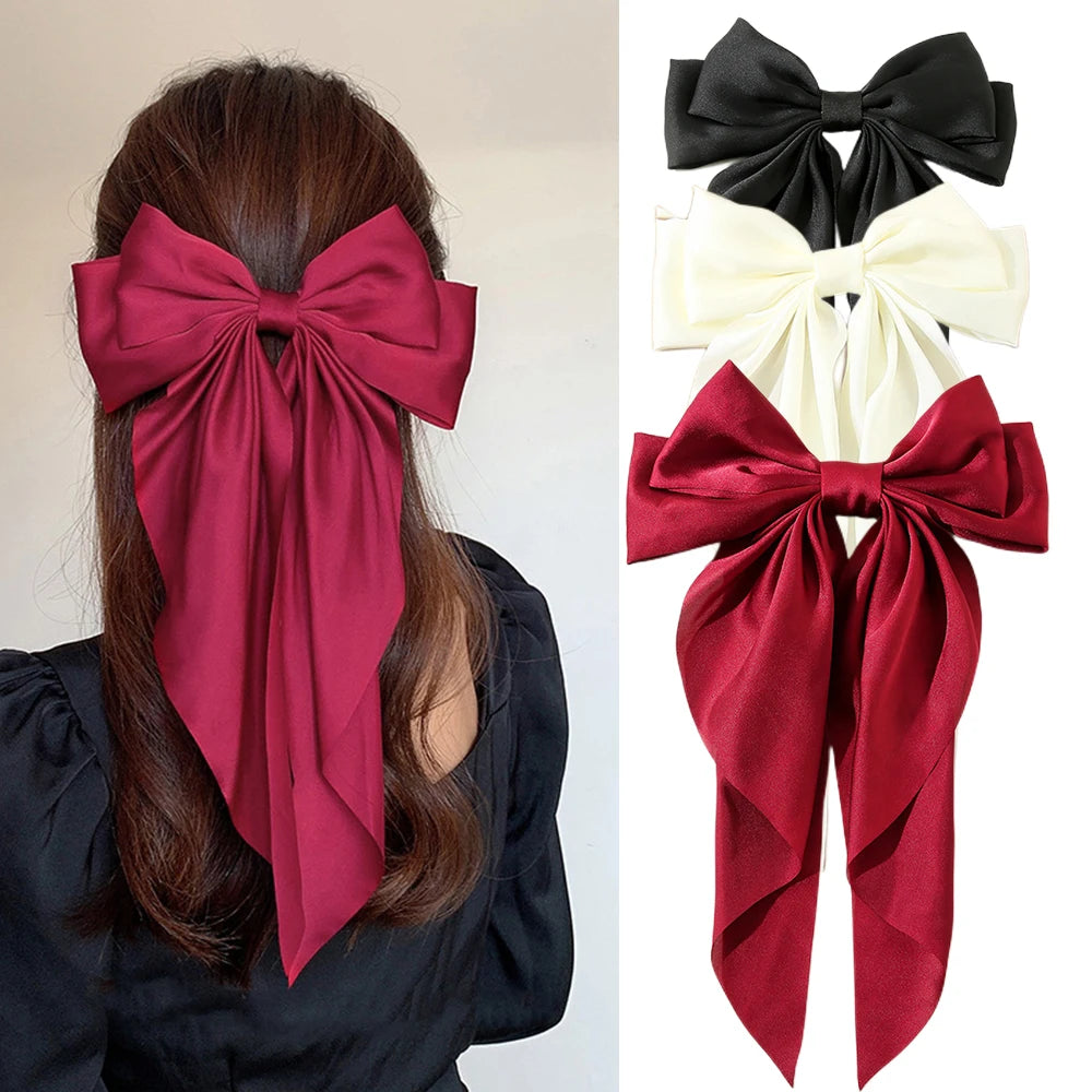 Korean Accessories Hair Clips for Women Girls Big Bowknot Solid Satin Long Ribbon Bows Spring Clamp Barette Cheveux Femme 2023 | Color:S5-3PCS