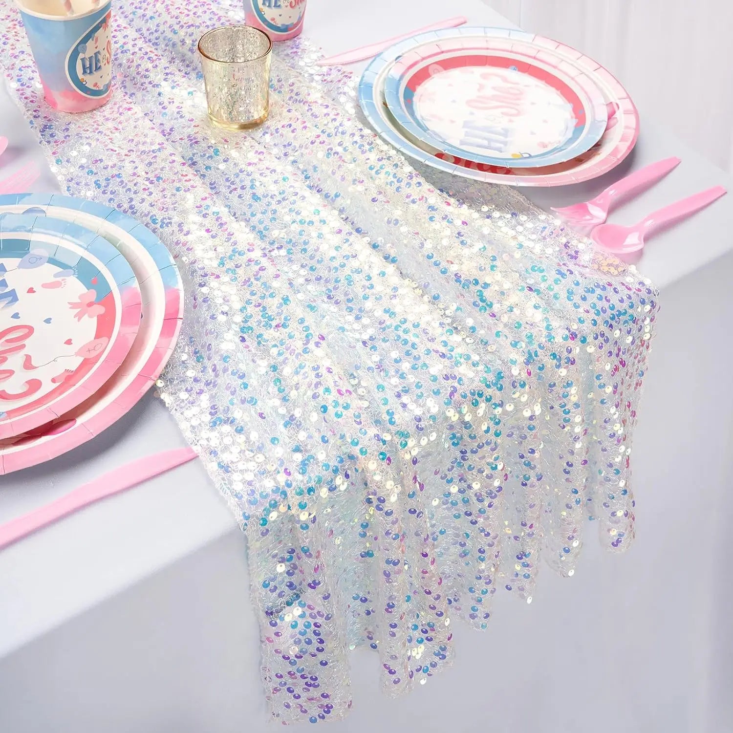 Sequin Iridescent Table Runner Boho Table Runners Glitter Sequin Tablecloth for Party Wedding Summer Mermaid Birthday Decoration | Color:White
