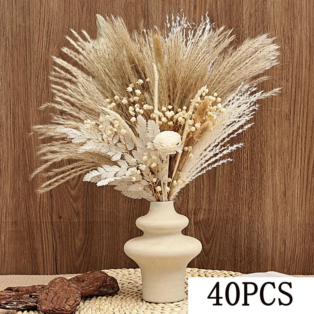 40 Pieces Dried Pampas Reeds Palm Leaves Bundle Boho Chic Home Decor Natural Flowers Baby's Breath Bouquets Country Arrangement | Color:A