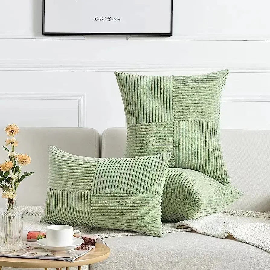 Splicing Cushion Cover Boho Decorative Corduroy Throw Pillow Covers 18x18 Inch for Couch Bed Sofa Room Farmhouse Fall Home Decor | Color:Light Green
