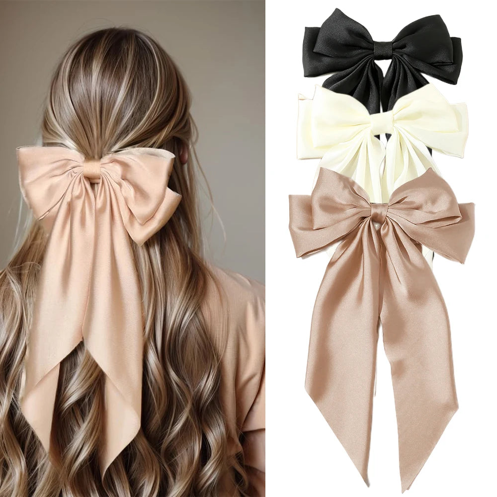 Korean Accessories Hair Clips for Women Girls Big Bowknot Solid Satin Long Ribbon Bows Spring Clamp Barette Cheveux Femme 2023 | Color:S9-3PCS