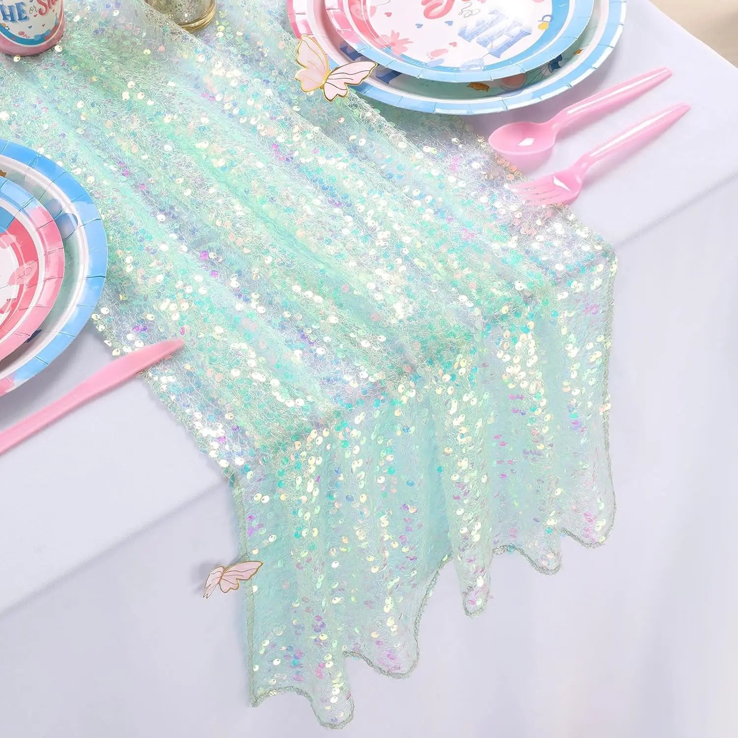 Sequin Iridescent Table Runner Boho Table Runners Glitter Sequin Tablecloth for Party Wedding Summer Mermaid Birthday Decoration | Color:Sage green