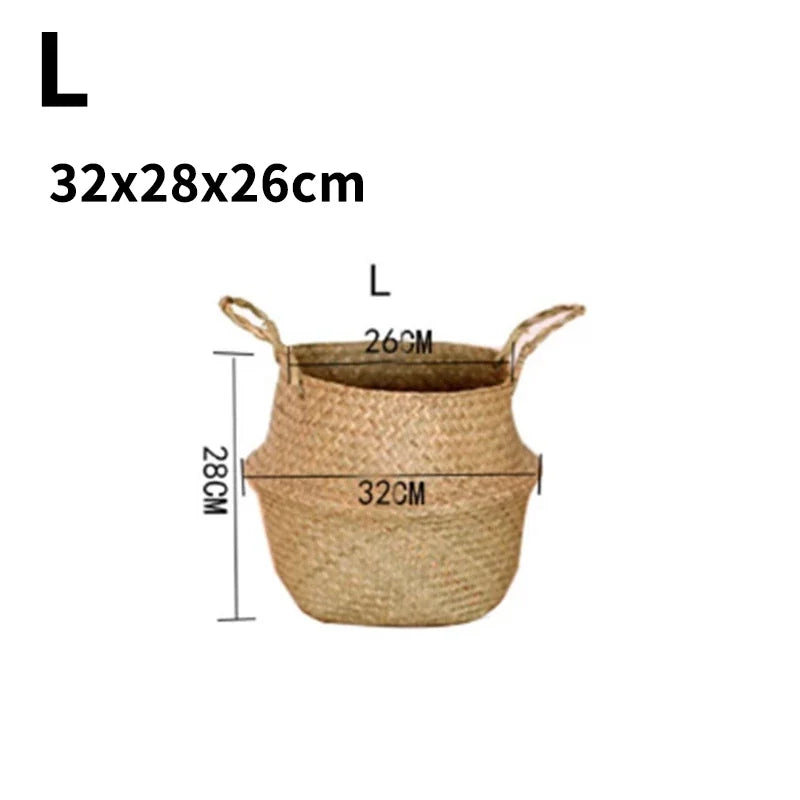 Seagrass Rattan Basket Foldable Wicker Organizer Handmade Plant Pot Laundry Bin Decorative Boho Style for Garden Home Decor | Color:32CM L