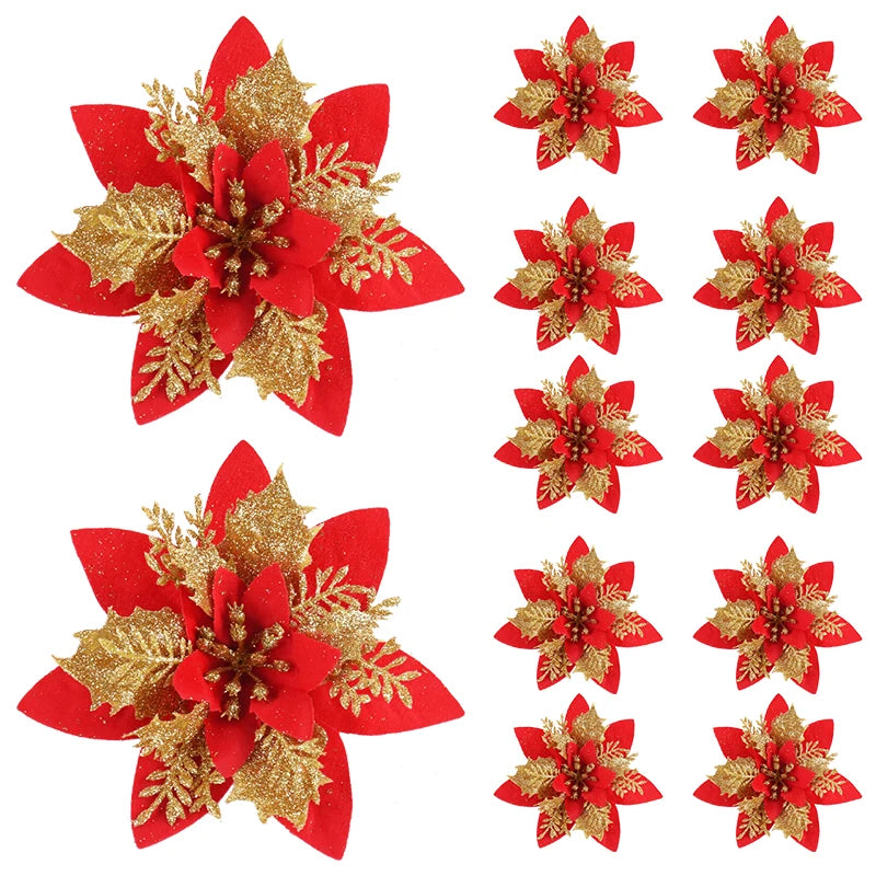 5/10Pcs Glitter Pink Christmas Flowers Xmas Tree 14cm Artifical Flower Ornaments 2025 Christmas Decoration For Home New Year | Color:Red Gold