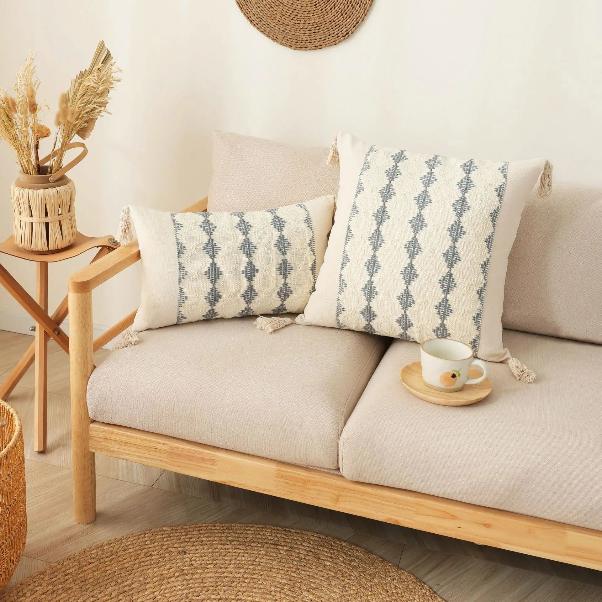 2 Piece Boho Cotton and Linen Tassel Cushion Cover Geometric Woven Crochet Pillowcases Fringed Handmade Home Decor 55x55/60x60cm | Color:D-Cushion cover