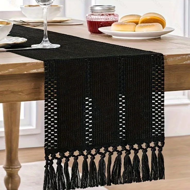 Macrame Style Boho Table Runner, Dresser Runner Cover Top,Ivory Table Runners for Living Room Kitchen Farmhouse Woven Home Decor | Color:Black