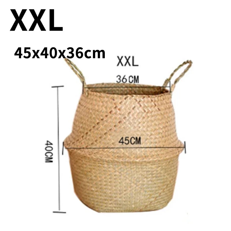 Seagrass Rattan Basket Foldable Wicker Organizer Handmade Plant Pot Laundry Bin Decorative Boho Style for Garden Home Decor | Color:45CM XXL