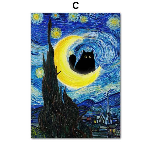 Funny Art Matisse Monet Black Cat Van Gogh Sunflowers Canvas Painting Posters and Prints Wall Pictures for Living Room Decor | Color:C