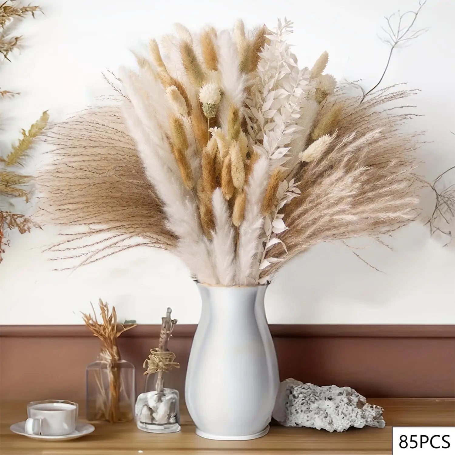 40 Pieces Dried Pampas Reeds Palm Leaves Bundle Boho Chic Home Decor Natural Flowers Baby's Breath Bouquets Country Arrangement | Color:C