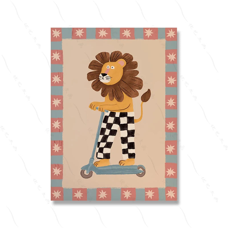 Fashion Dog Lion Leopard Surfer Seagull Poster Animal Wall Art Kids Room Decor Boho Nursery Print Safari Montessori Illustration | Color:Picture 2