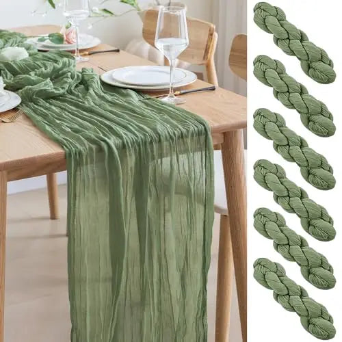90x300cm Brown Cheesecloth Table Runners Boho Sheer Tablecloth for Wedding Shower Birthday Bridal Party Home Dinning Decoration | Color:light green