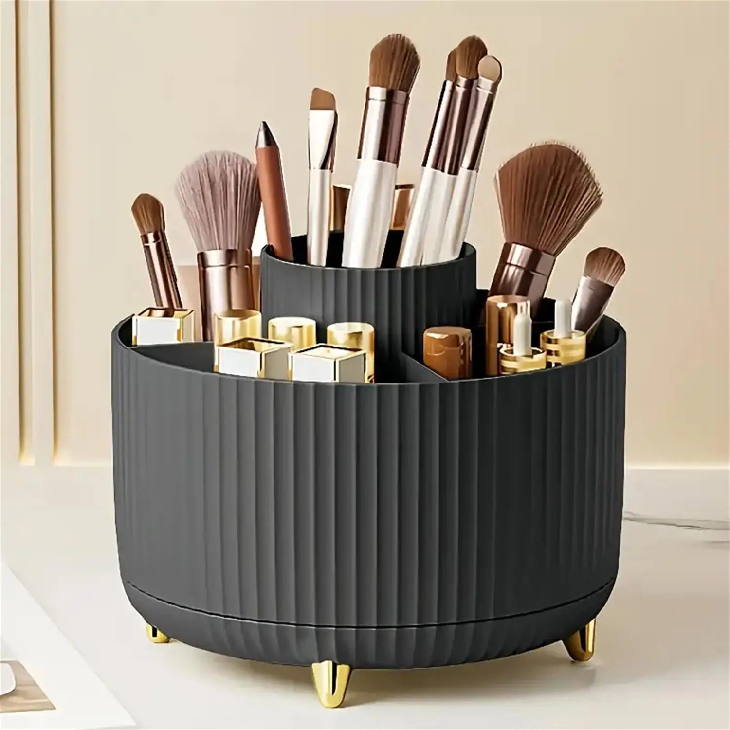360° Rotating Makeup Organizer - 1pc Plastic Cosmetic Storage with 5 Compartments - Multi-Functional Holder for Brushes | Color:black
