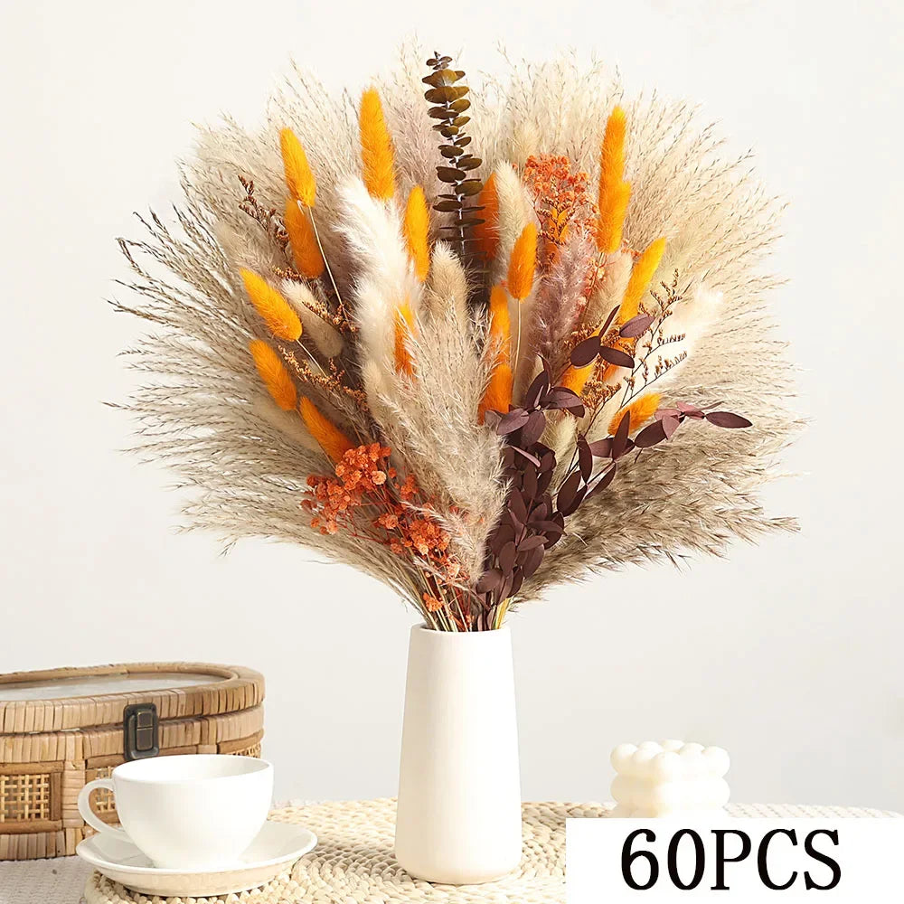 90Pcs Natural Fluffy Pampas Grass Bouquet Boho Home Accessories Fall Decoration Dried Flowers Orange Reeds Wedding Centerpieces | Color:Style A