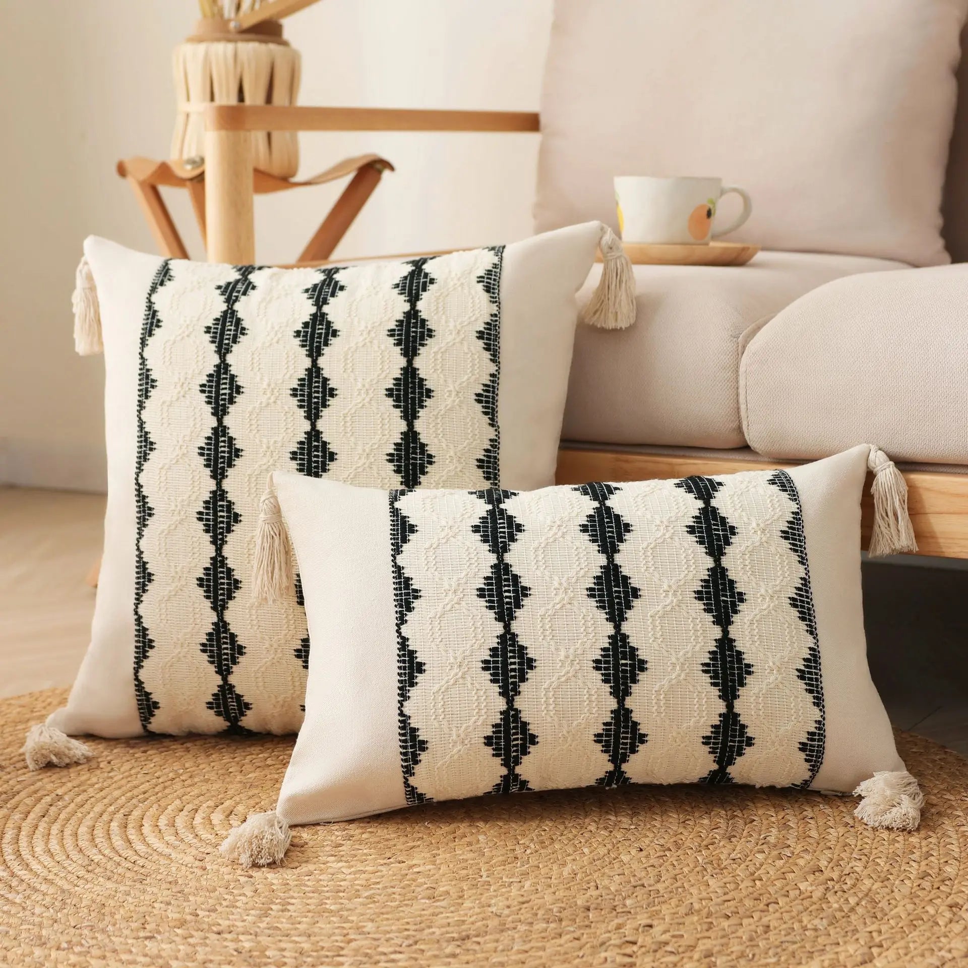 2 Piece Boho Cotton and Linen Tassel Cushion Cover Geometric Woven Crochet Pillowcases Fringed Handmade Home Decor 55x55/60x60cm | 2