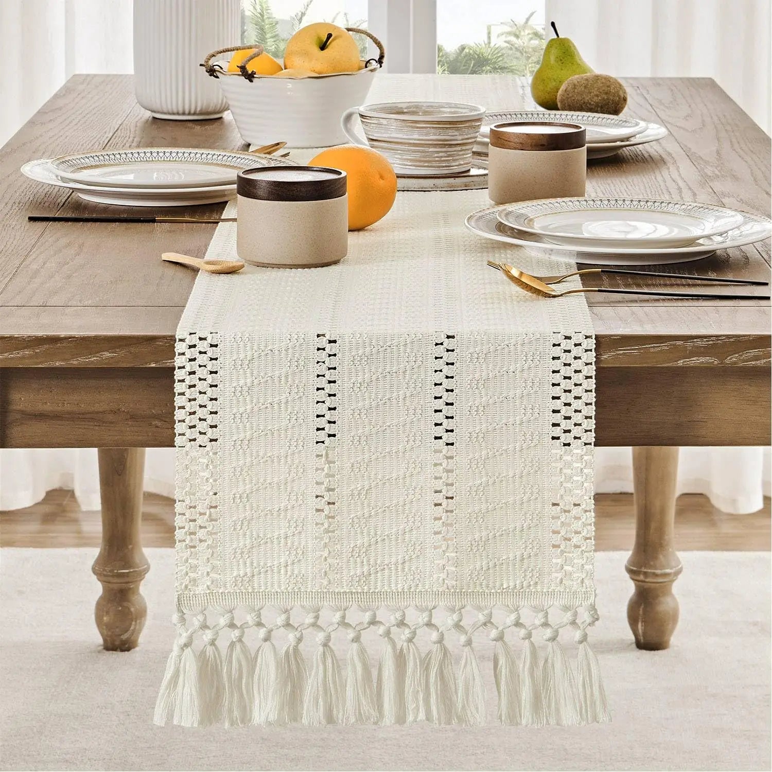 Macrame Style Boho Table Runner, Dresser Runner Cover Top,Ivory Table Runners for Living Room Kitchen Farmhouse Woven Home Decor | 2