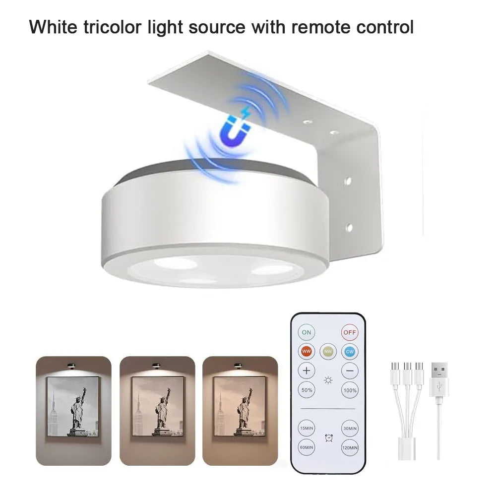 Picture Lights for Wall Rechargeable Magnetic Poster Lights Remote Dimmable Timer Painting Light Wall Decor Light Painting Light | Lampshade Color:White 3 color