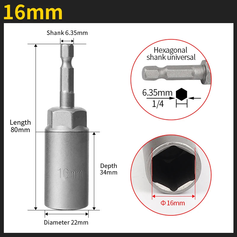 Length Deepen Impact Socket Adapter 5.5-19mm Power Nut Driver Socket Set 1/4-inch Hex Shank Screwdriver Key Head Hand Tool Set | Color:16mm