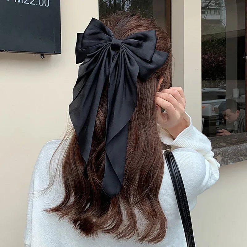 Korean Accessories Hair Clips for Women Girls Big Bowknot Solid Satin Long Ribbon Bows Spring Clamp Barette Cheveux Femme 2023 | 2