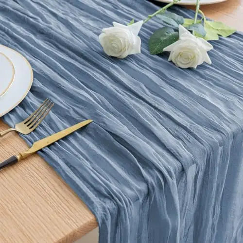 90x300cm Brown Cheesecloth Table Runners Boho Sheer Tablecloth for Wedding Shower Birthday Bridal Party Home Dinning Decoration | Color:Blue