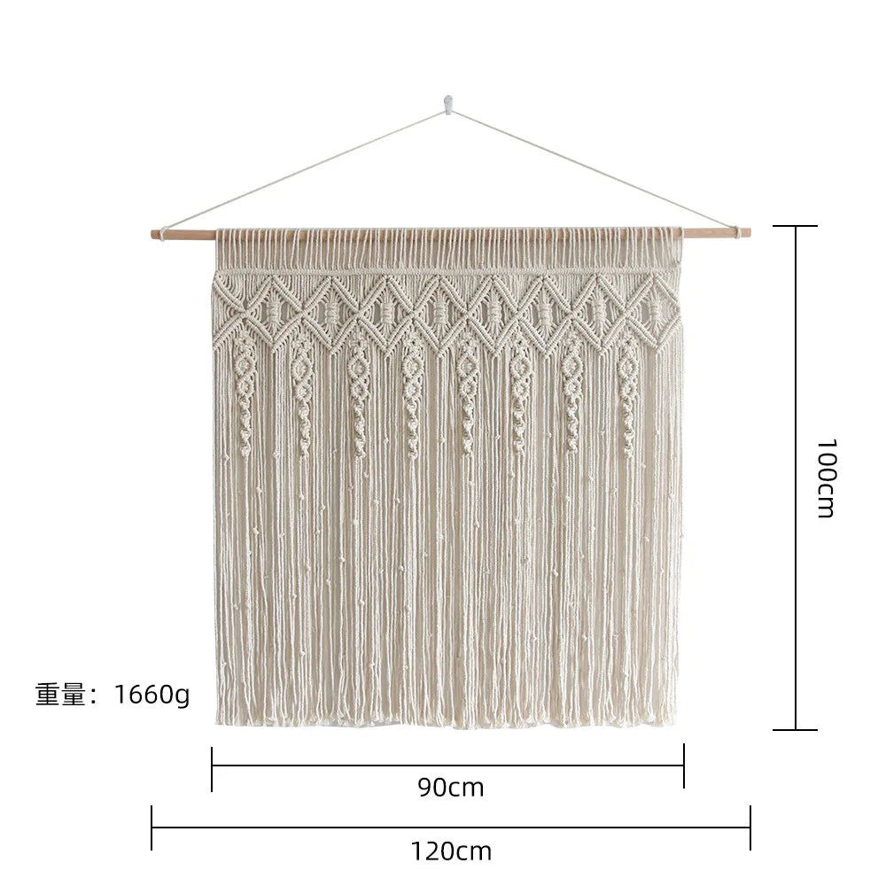 Large Macrame Wall Hanging Tapestry with Wooden Stick Hand-Woven Bohemia Tassel Curtain Tapestry Wedding Backgrou Boho Decor | Color:Z307