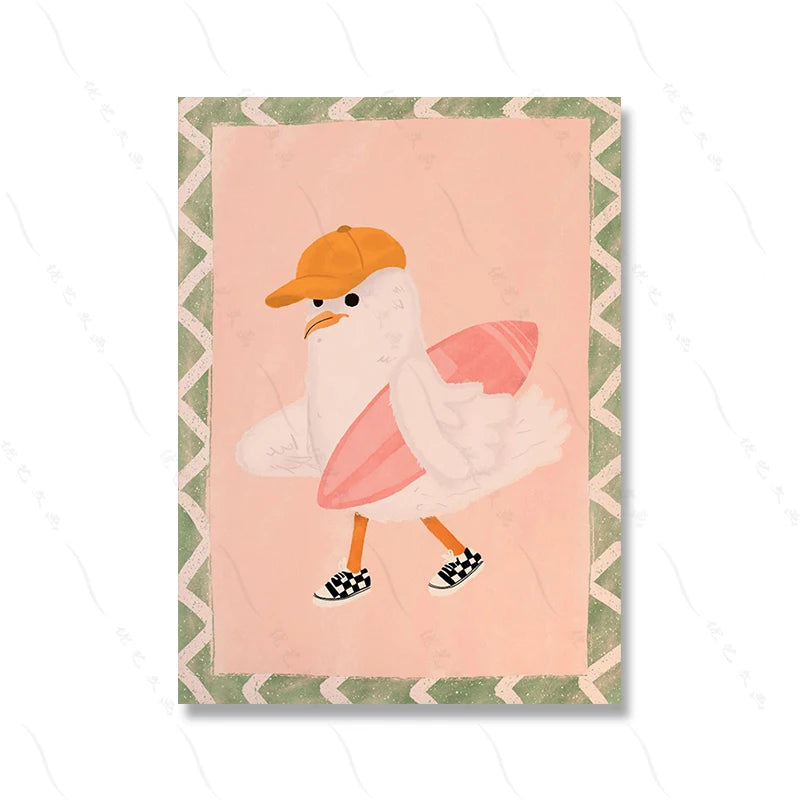 Fashion Dog Lion Leopard Surfer Seagull Poster Animal Wall Art Kids Room Decor Boho Nursery Print Safari Montessori Illustration | Color:Picture 4