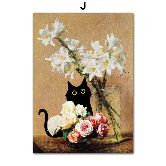 Funny Art Matisse Monet Black Cat Van Gogh Sunflowers Canvas Painting Posters and Prints Wall Pictures for Living Room Decor | Color:J