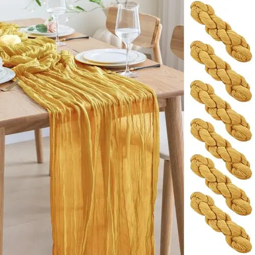 90x300cm Brown Cheesecloth Table Runners Boho Sheer Tablecloth for Wedding Shower Birthday Bridal Party Home Dinning Decoration | Color:Yellow