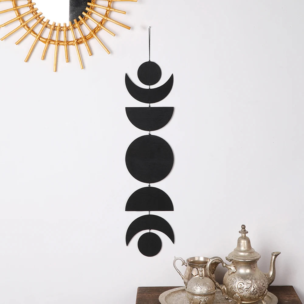 Wooden Moon Phase Garland Wall Decor Ramadan Decoration Boho Home Decor Bedroom Living Room Nursery Ornament Decor Craft Gift | Color:black MS207