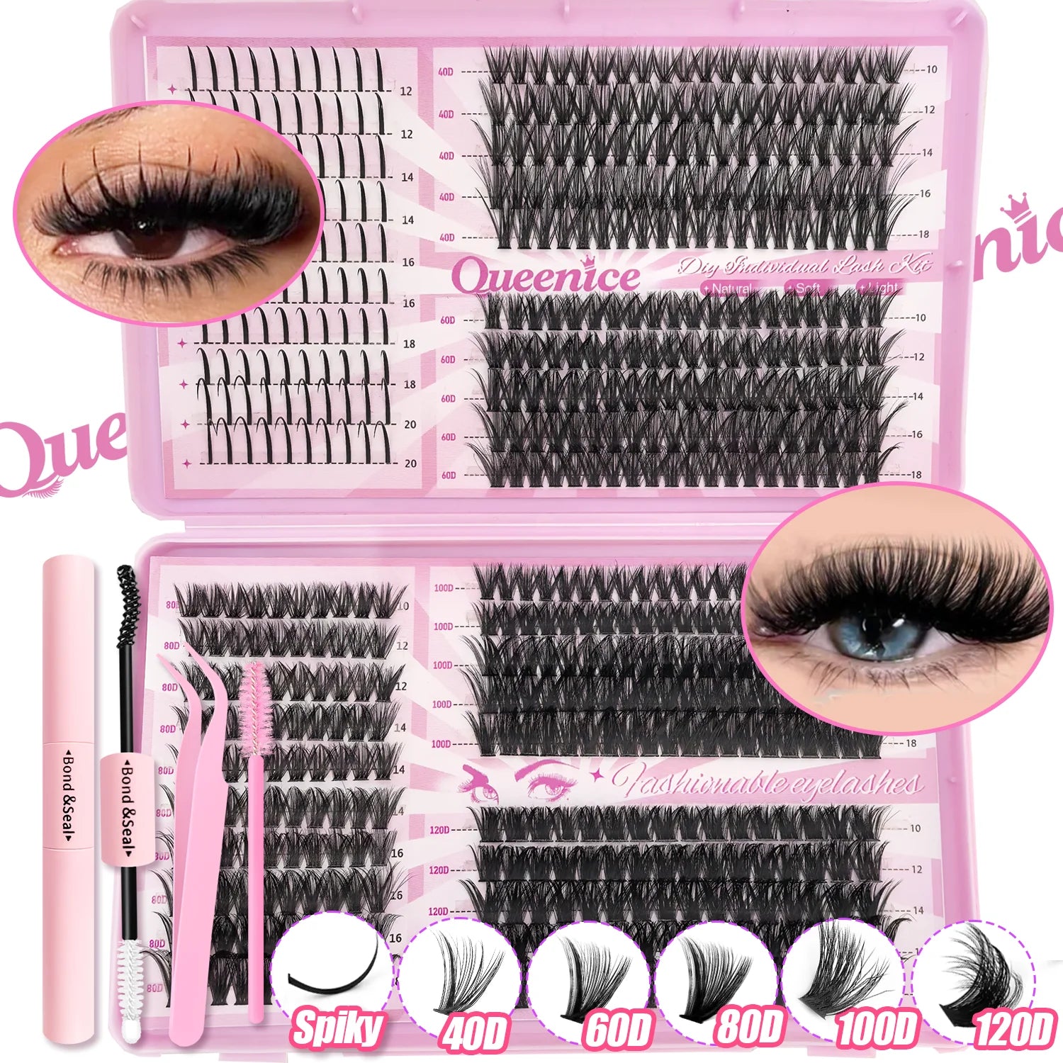 DIY Lash Extension Kit Clusters Individual Eyelashes Kit 9-16mm with Bond and Seal Wispy Natural Mange Lashes | Color:Spiky 4681012
