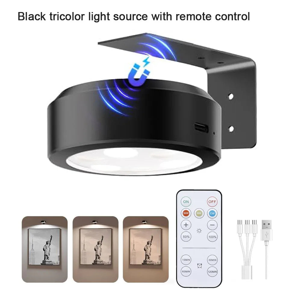 Picture Lights for Wall Rechargeable Magnetic Poster Lights Remote Dimmable Timer Painting Light Wall Decor Light Painting Light | Lampshade Color:Black 3 color