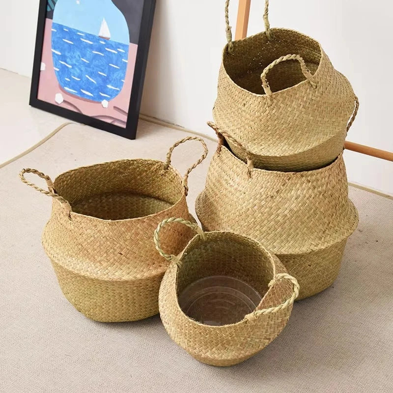 Seagrass Rattan Basket Foldable Wicker Organizer Handmade Plant Pot Laundry Bin Decorative Boho Style for Garden Home Decor | 4