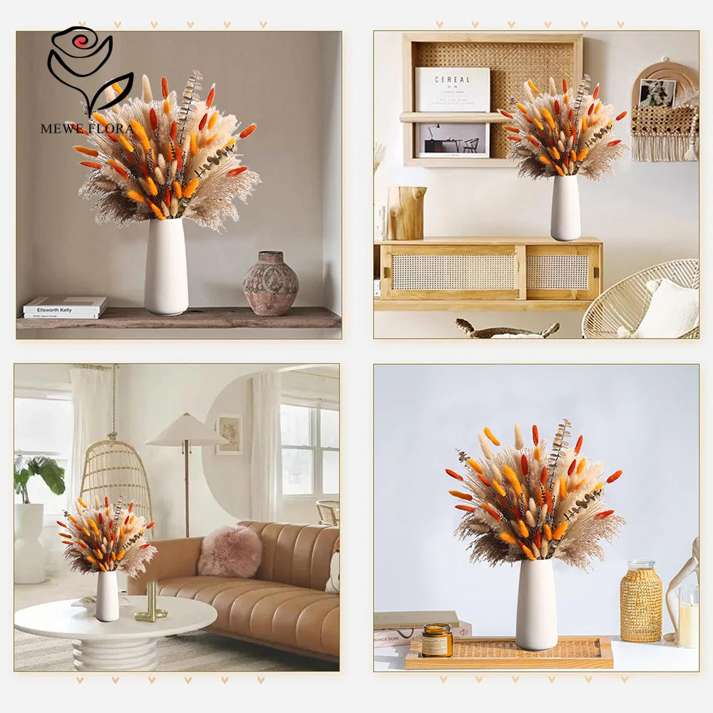 90Pcs Natural Fluffy Pampas Grass Bouquet Boho Home Accessories Fall Decoration Dried Flowers Orange Reeds Wedding Centerpieces | 5