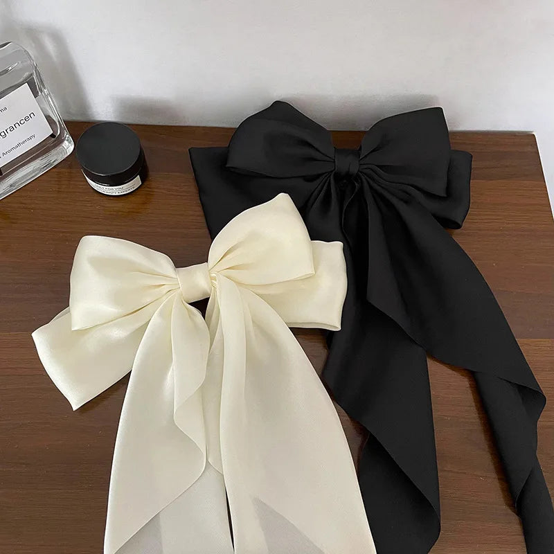 Korean Accessories Hair Clips for Women Girls Big Bowknot Solid Satin Long Ribbon Bows Spring Clamp Barette Cheveux Femme 2023 | Color:S2-2PCS