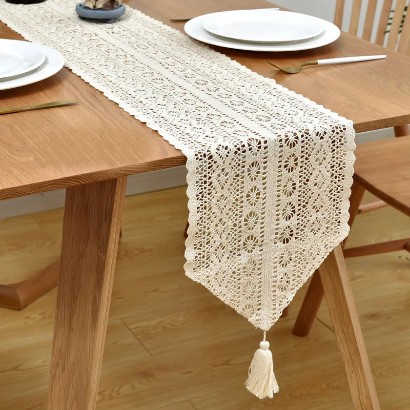 Boho Beige Table Runner, Vintage Farmhouse Bohemian Crochet Macrame Table Runner for Wedding Party Coffee Dining Table Decor | 3