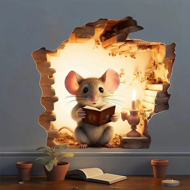M736 Mouse Hole Wall Sticker, Mouse Book Lover's Vinyl Decal, Mouse Reading Decor, Cute Mouse in a Hole, Mouse Sticker | Color:M736-01