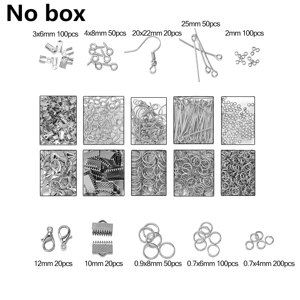 Alloy Accessories Jewelry Findings Set Repair Tools Lobster Clasp Open Jump Rings Earring Hooks for DIY Jewelry Making Supplies | Color:Set 01Rhodium NO box