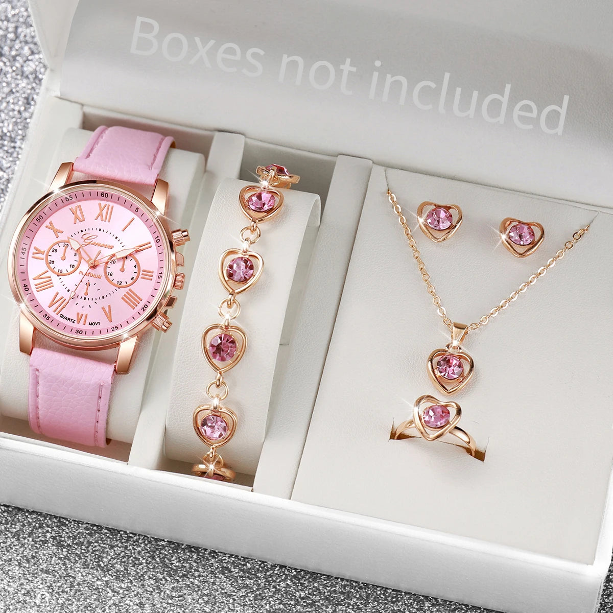 5/6PCS Fashion Women's Quartz Watch Leather Band Analog Wrist Watches Heart Rhinestone Jewelry Set(Without Box) | 0