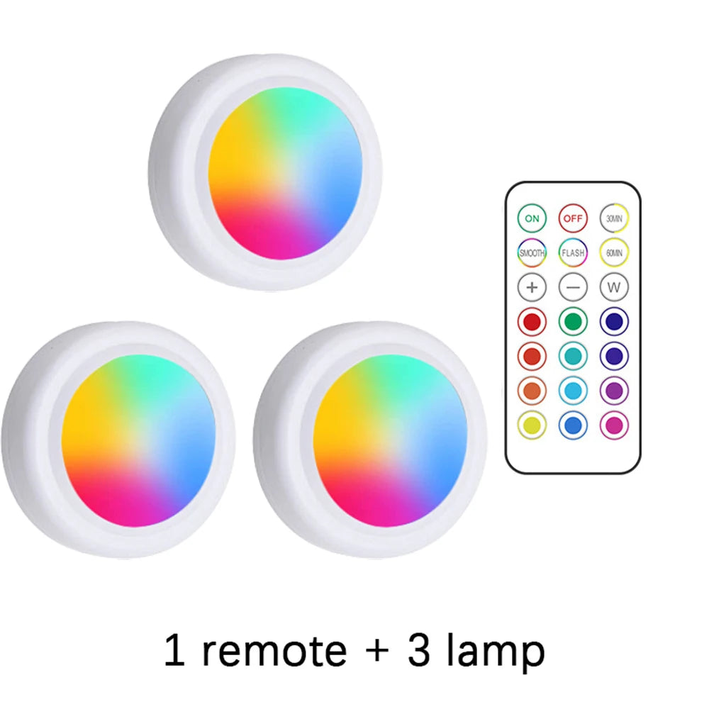 RGB LED Under Cabinet Lights with Remote Control Battery Powered Wireless Dimmable Night Lamp LED Lights for Home Wardrobe Light | Color:1 remote 3 lights