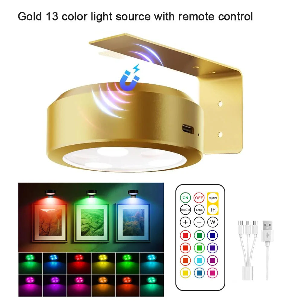 Picture Lights for Wall Rechargeable Magnetic Poster Lights Remote Dimmable Timer Painting Light Wall Decor Light Painting Light | Lampshade Color:White 13 color rgb-1