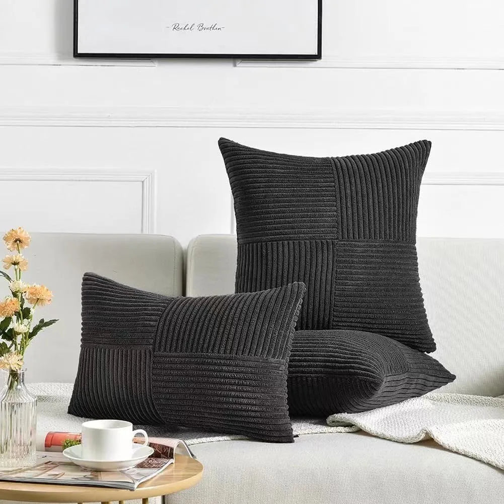 Splicing Cushion Cover Boho Decorative Corduroy Throw Pillow Covers 18x18 Inch for Couch Bed Sofa Room Farmhouse Fall Home Decor | Color:Black