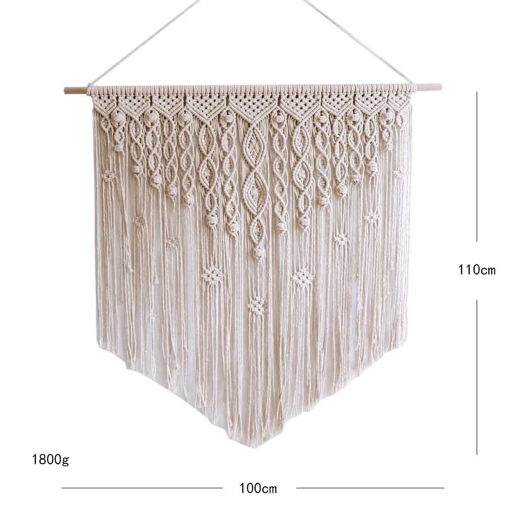 Large Macrame Wall Hanging Tapestry with Wooden Stick Hand-Woven Bohemia Tassel Curtain Tapestry Wedding Backgrou Boho Decor | Color:Z139