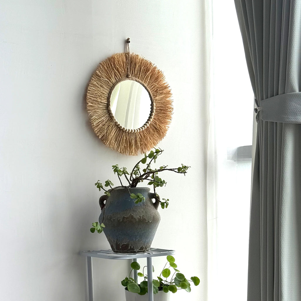 Handmade Boho Raffia Mirror Wall Hanging Decor Rustic  Boho Circle Acrylic Mirrors with Wood Bead Farmhouse Aesthetic Nursery | 1