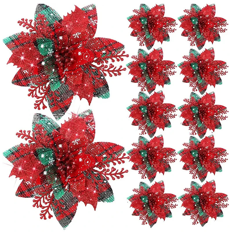 5/10Pcs Glitter Pink Christmas Flowers Xmas Tree 14cm Artifical Flower Ornaments 2025 Christmas Decoration For Home New Year | 1