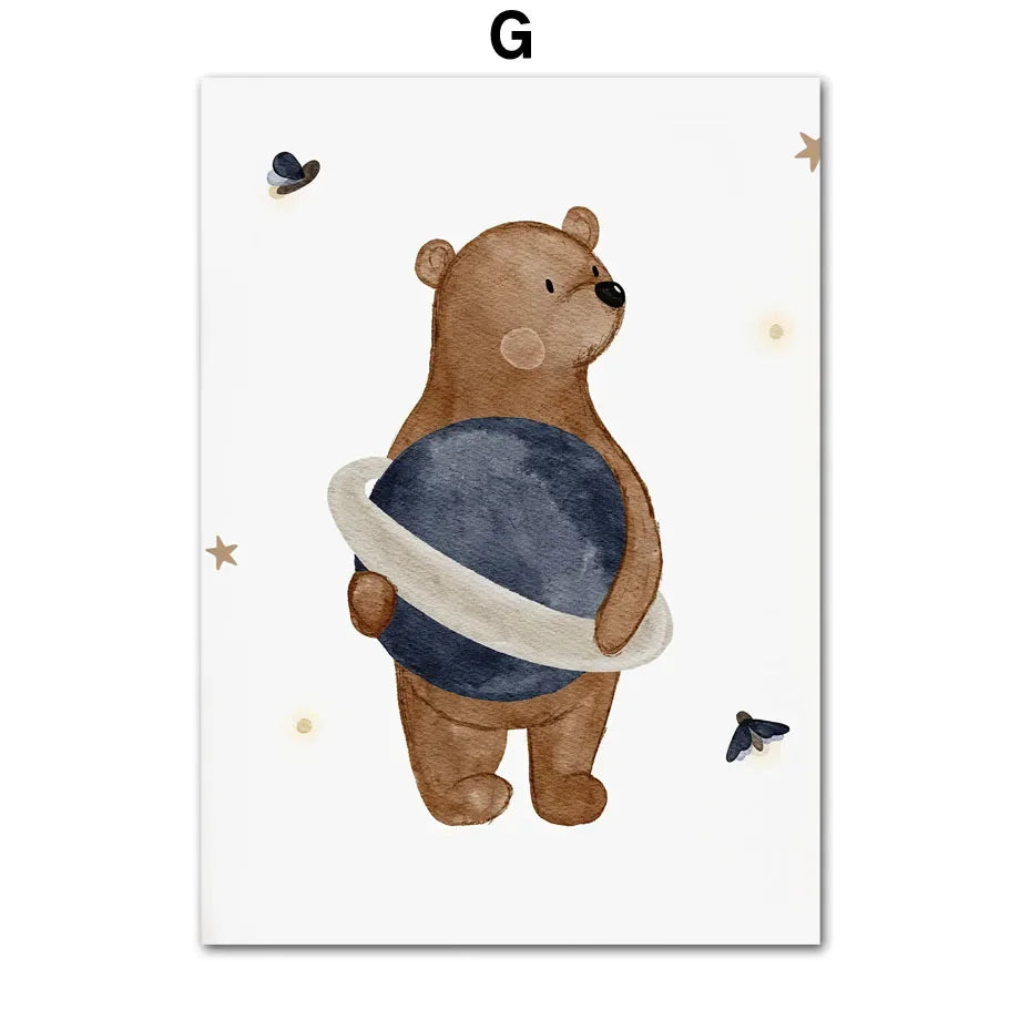 Boho Space Rocket Bear Mouse Hedgehog Custom Name Nursery Wall Art Children's Prints Posters Canvas Painting For Kids Room Decor | Color:G