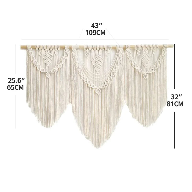 Large Macrame Wall Hanging Tapestry  with  Wooden Stick Hand-Woven Bohemia Tassel Curtain Tapestry  Wedding Backgrou Boho Decor | Color:A with wooden stick