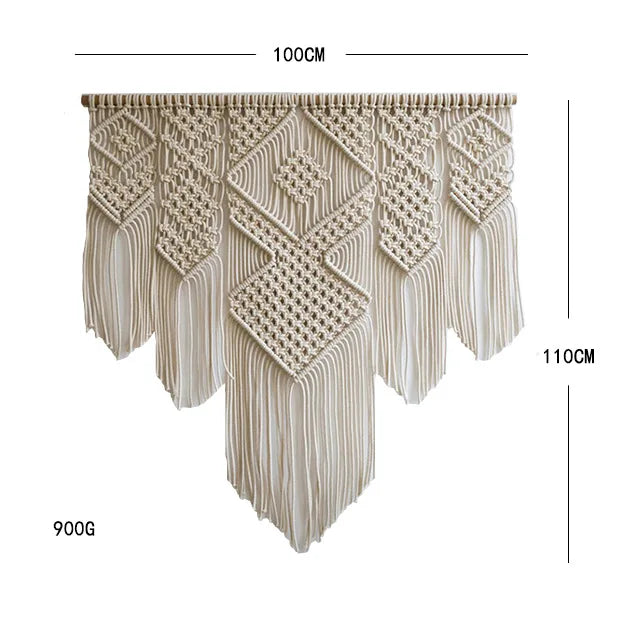 Large Macrame Wall Hanging Tapestry with Wooden Stick Hand-Woven Bohemia Tassel Curtain Tapestry Wedding Backgrou Boho Decor | Color:Z014